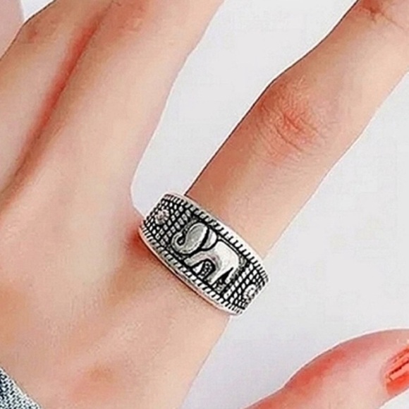 NEW Unisex Engraved 925 Sterling‎ Silver Elephant Band Ring, Adjustable Open - Picture 1 of 9